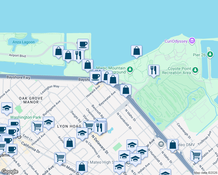 map of restaurants, bars, coffee shops, grocery stores, and more near 1031 North Idaho Street in San Mateo
