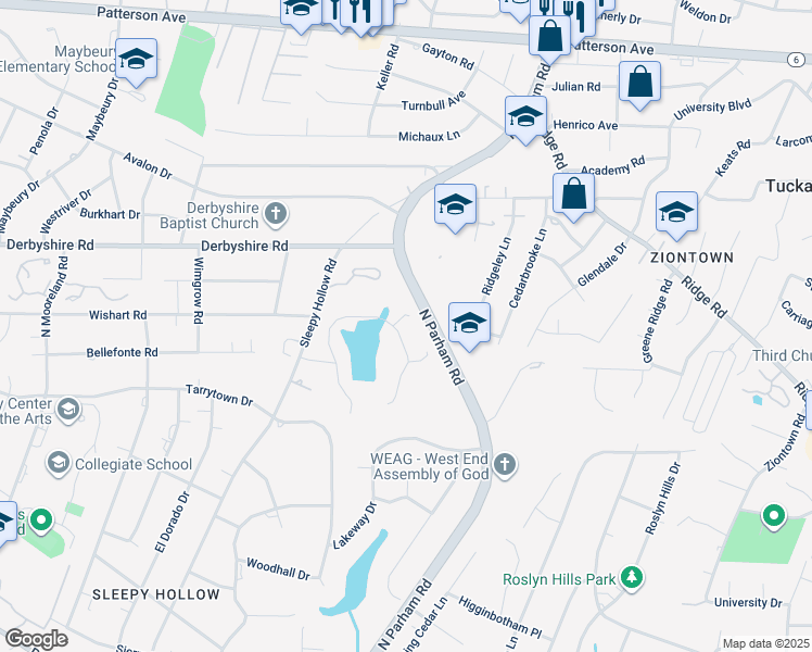 map of restaurants, bars, coffee shops, grocery stores, and more near 529 Raleigh Manor Road in Henrico
