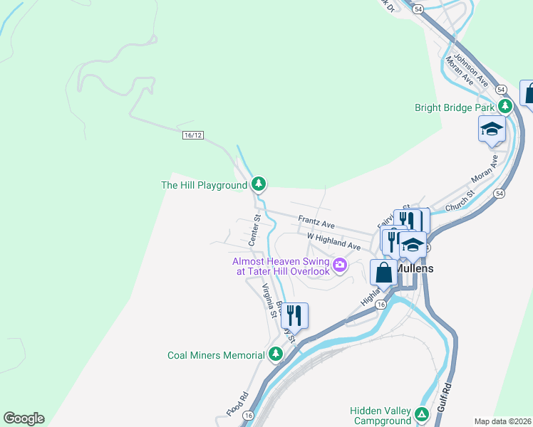 map of restaurants, bars, coffee shops, grocery stores, and more near 708-814 Frantz Ave in Mullens