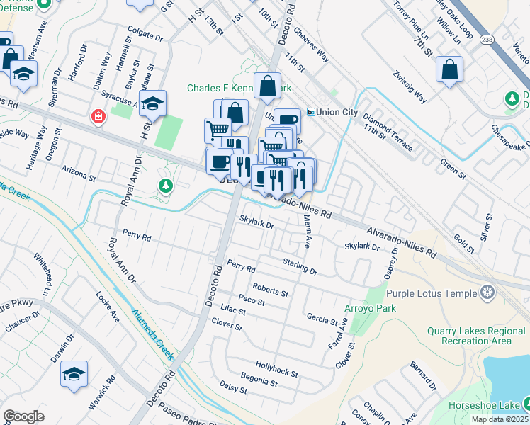 map of restaurants, bars, coffee shops, grocery stores, and more near 2139 Canary Court in Union City