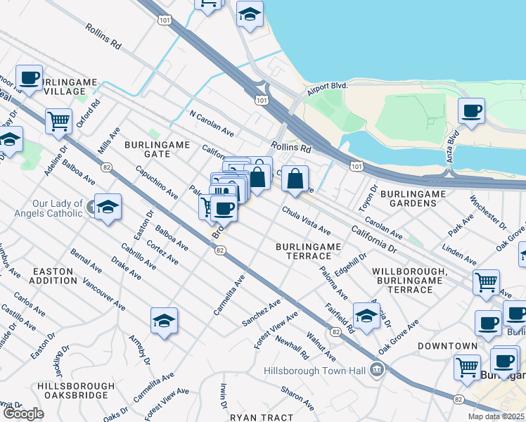 map of restaurants, bars, coffee shops, grocery stores, and more near 1100 Laguna Avenue in Burlingame