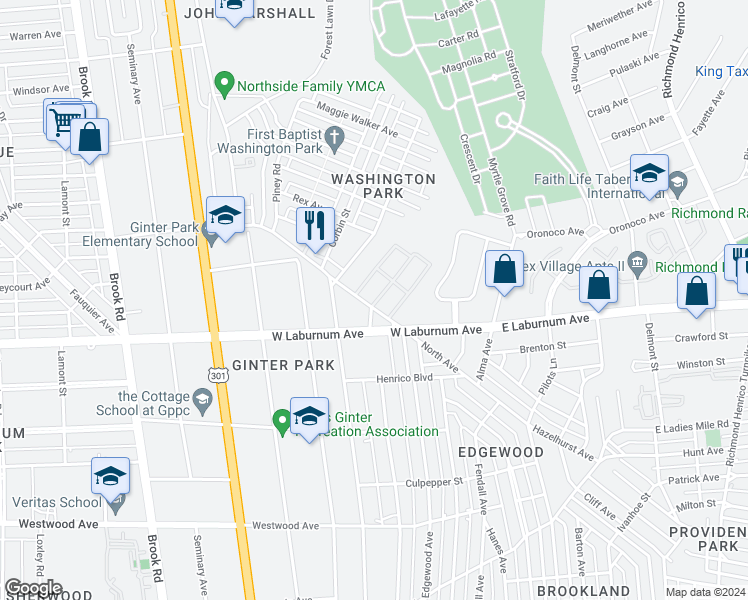 map of restaurants, bars, coffee shops, grocery stores, and more near in Richmond