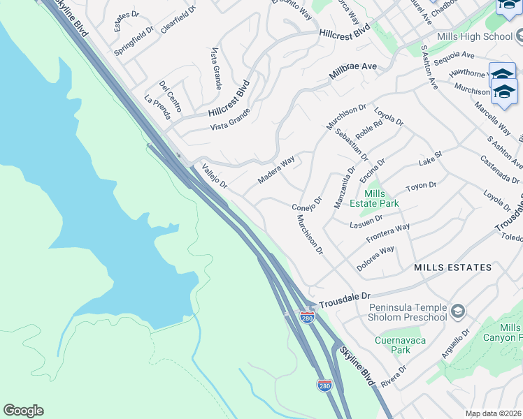 map of restaurants, bars, coffee shops, grocery stores, and more near 302 Vallejo Drive in Millbrae