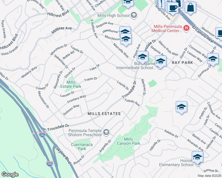 map of restaurants, bars, coffee shops, grocery stores, and more near 2700 Mariposa Drive in Burlingame