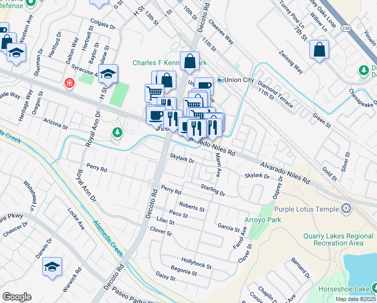 map of restaurants, bars, coffee shops, grocery stores, and more near 2139 Canary Court in Union City