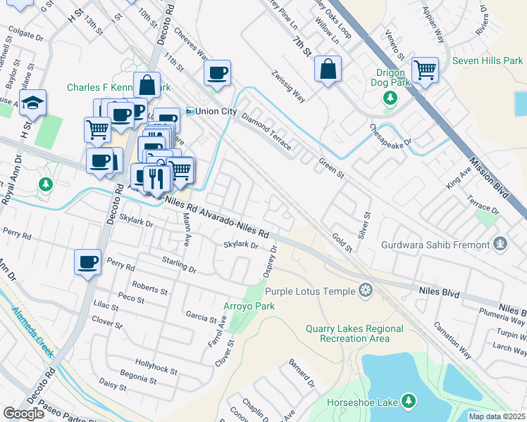 map of restaurants, bars, coffee shops, grocery stores, and more near 35433 Monterra Circle in Union City
