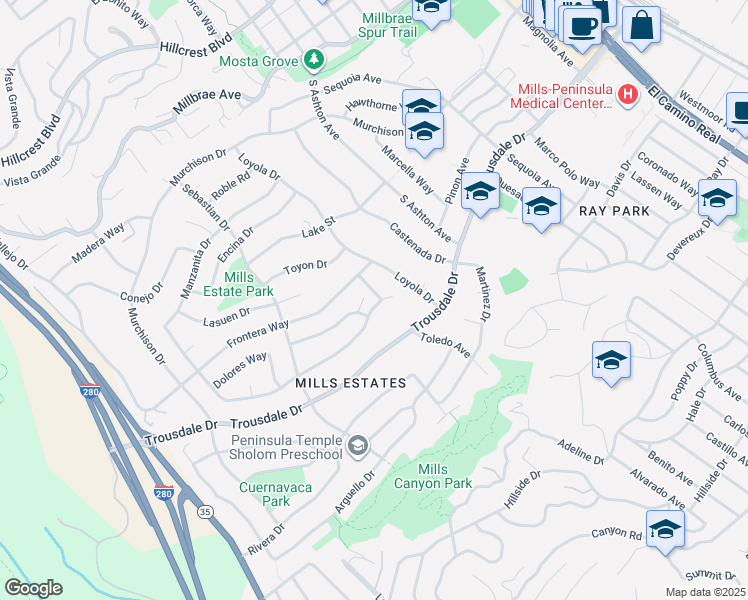map of restaurants, bars, coffee shops, grocery stores, and more near 2700 Mariposa Drive in Burlingame