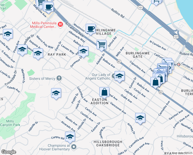 map of restaurants, bars, coffee shops, grocery stores, and more near 1441 Drake Avenue in Burlingame