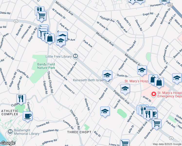 map of restaurants, bars, coffee shops, grocery stores, and more near 6501 Patterson Avenue in Richmond