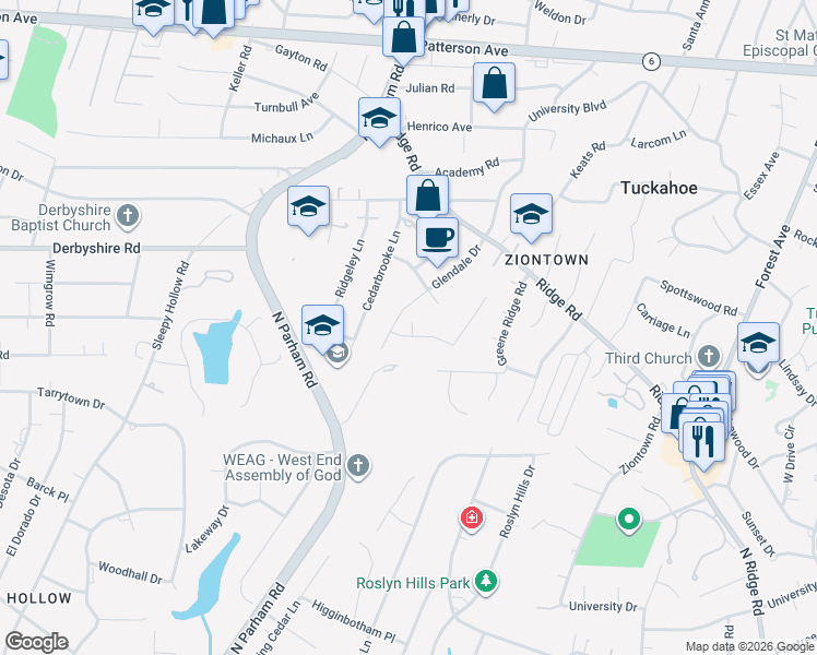map of restaurants, bars, coffee shops, grocery stores, and more near 8509 Ridgeview Drive in Richmond
