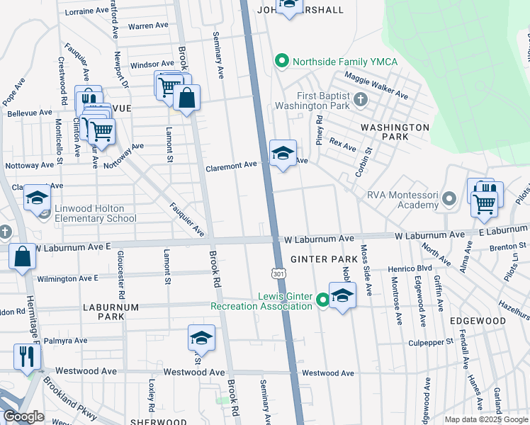 map of restaurants, bars, coffee shops, grocery stores, and more near 3806 Chamberlayne Avenue in Richmond