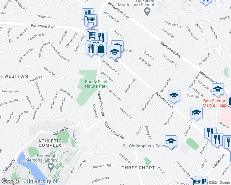 map of restaurants, bars, coffee shops, grocery stores, and more near 6712 Hanover Avenue in Richmond