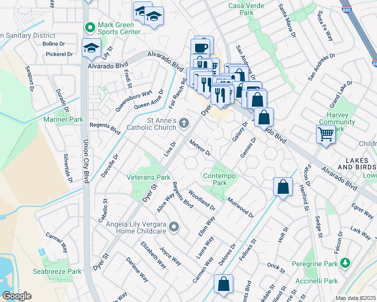 map of restaurants, bars, coffee shops, grocery stores, and more near 32212 Mercury Way in Union City