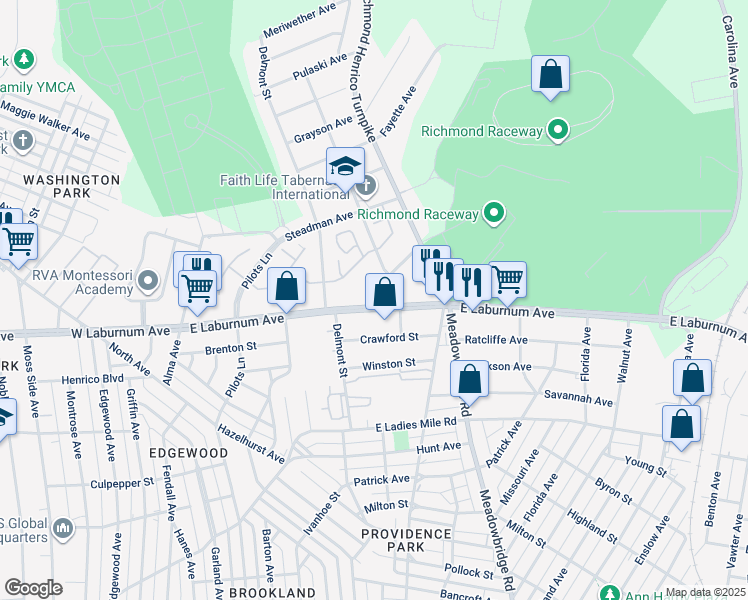map of restaurants, bars, coffee shops, grocery stores, and more near 3901 Pinalto Drive in Richmond