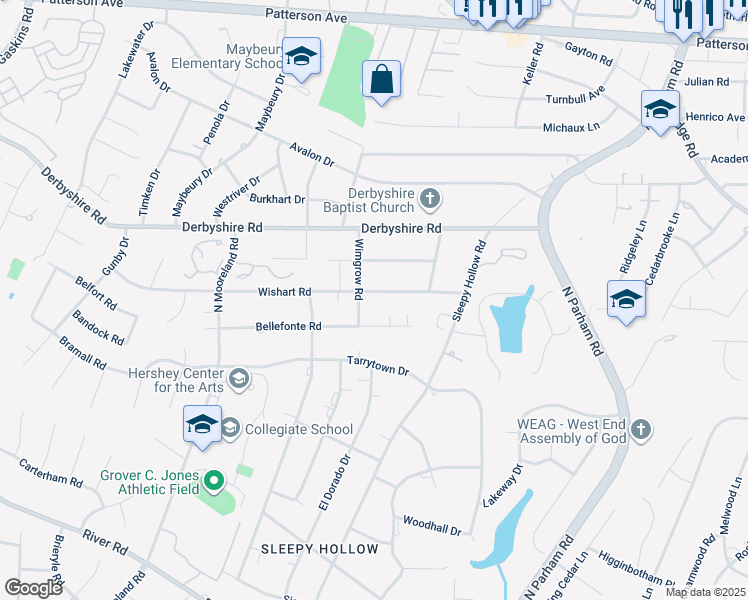 map of restaurants, bars, coffee shops, grocery stores, and more near 8809 Wishart Road in Richmond