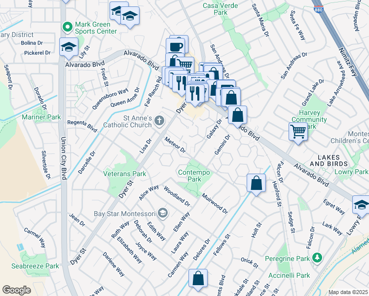 map of restaurants, bars, coffee shops, grocery stores, and more near 4201 Saturn Way in Union City