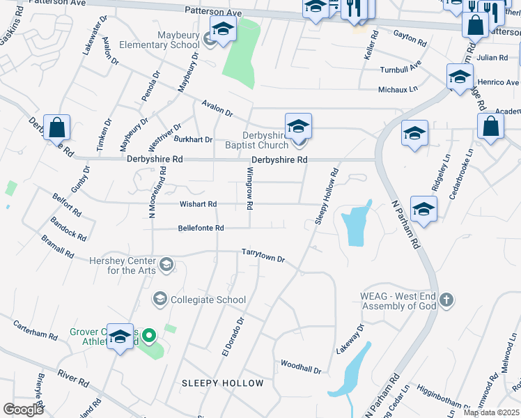 map of restaurants, bars, coffee shops, grocery stores, and more near 8809 Wishart Road in Richmond