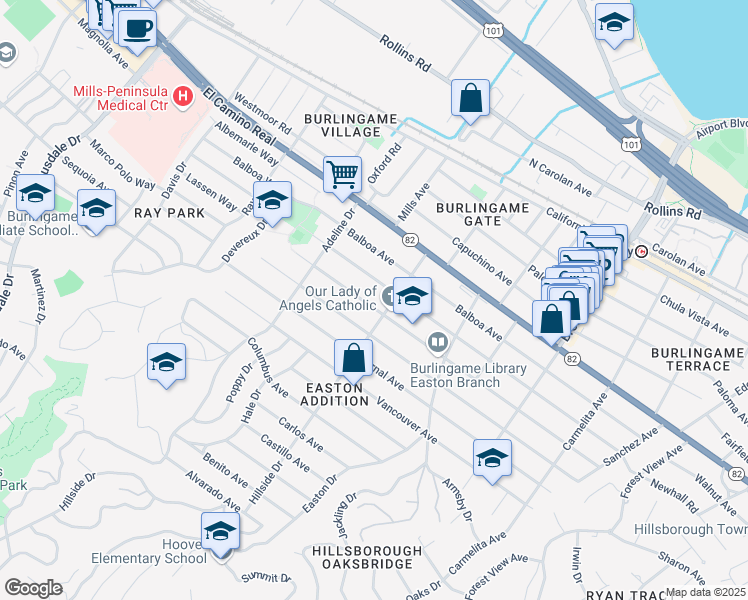 map of restaurants, bars, coffee shops, grocery stores, and more near 1412 Cabrillo Avenue in Burlingame