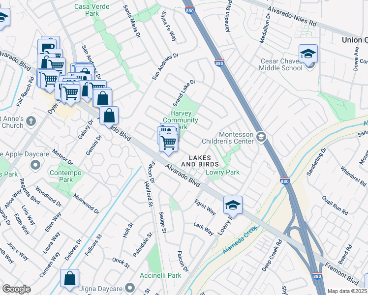 map of restaurants, bars, coffee shops, grocery stores, and more near 3853 Jacana Lake Court in Fremont