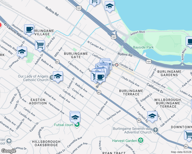 map of restaurants, bars, coffee shops, grocery stores, and more near 1308 Broadway in Burlingame
