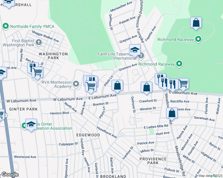 map of restaurants, bars, coffee shops, grocery stores, and more near 113 East Laburnum Avenue in Richmond