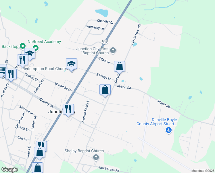 map of restaurants, bars, coffee shops, grocery stores, and more near 4267 Hustonville Road in Danville