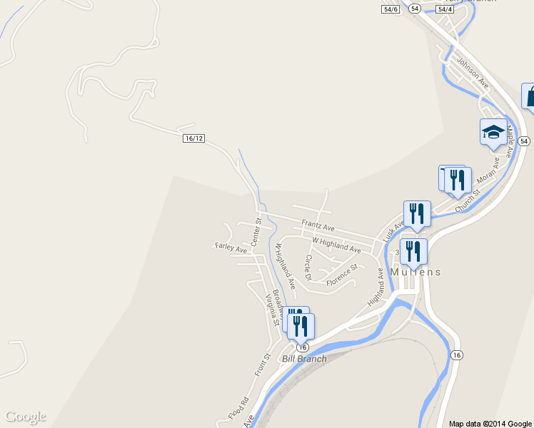 map of restaurants, bars, coffee shops, grocery stores, and more near 814 Frantz Avenue in Mullens