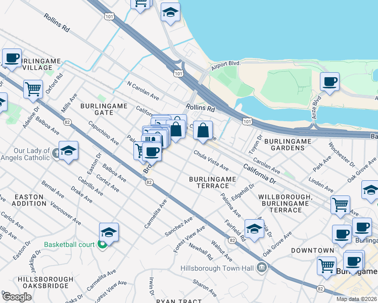 map of restaurants, bars, coffee shops, grocery stores, and more near 1200 Carmelita Avenue in Burlingame