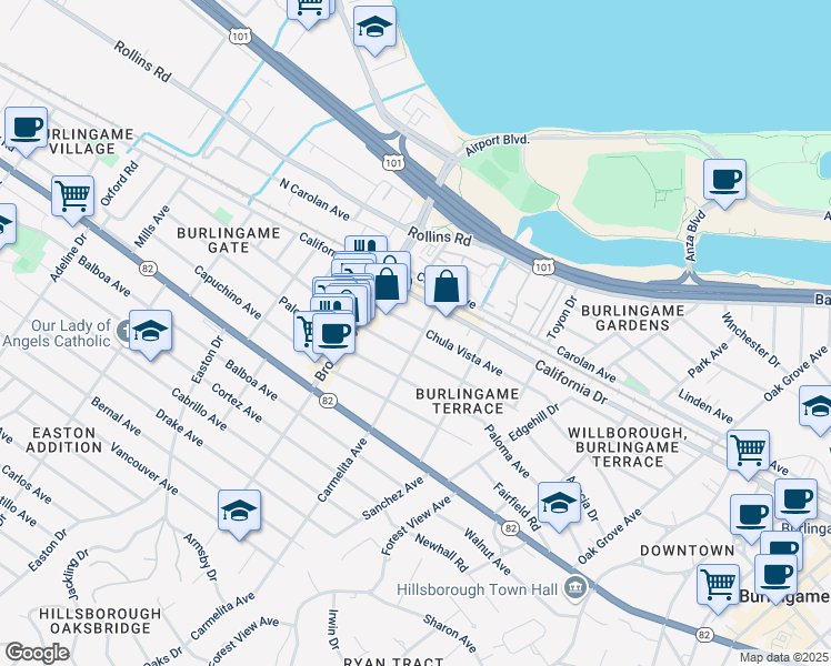 map of restaurants, bars, coffee shops, grocery stores, and more near 2 Burlingame Avenue in Burlingame
