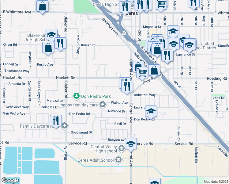 map of restaurants, bars, coffee shops, grocery stores, and more near 2004 Pleasant Avenue in Ceres
