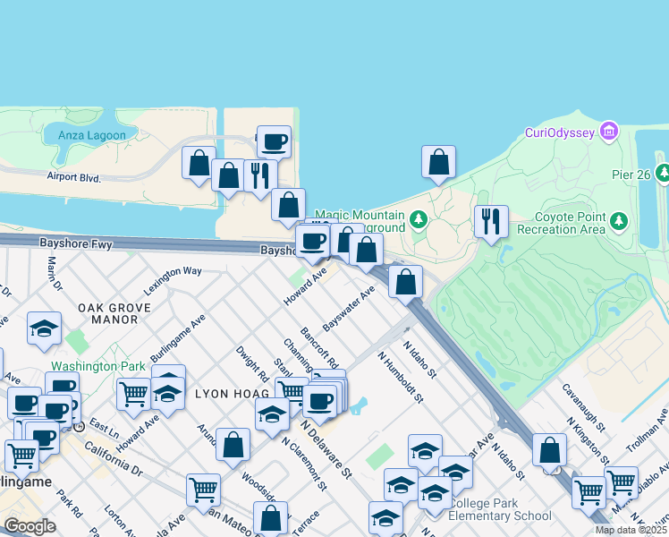 map of restaurants, bars, coffee shops, grocery stores, and more near 1031 North Idaho Street in San Mateo