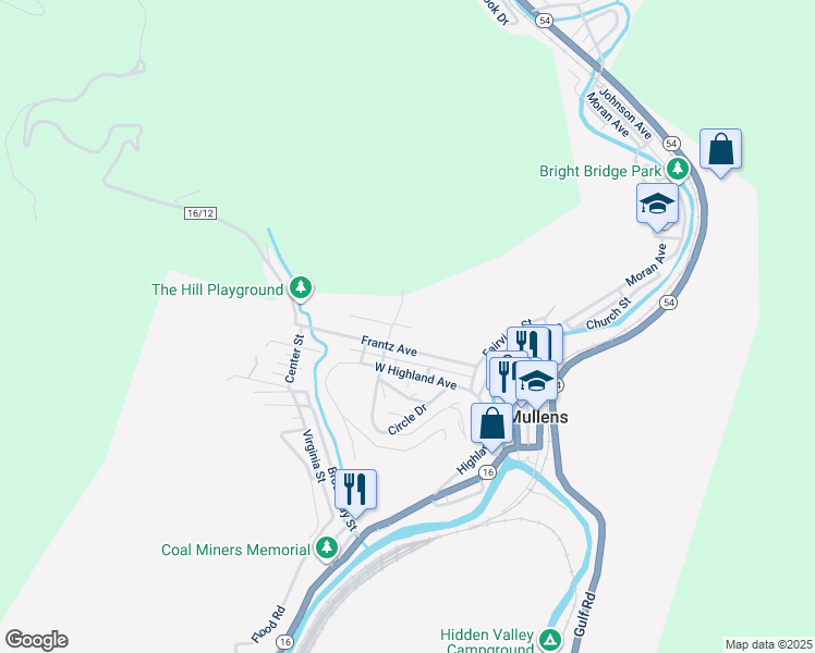 map of restaurants, bars, coffee shops, grocery stores, and more near 618 Rinehart Avenue in Mullens