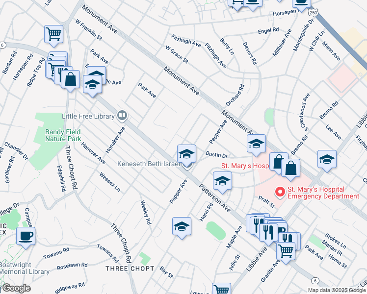 map of restaurants, bars, coffee shops, grocery stores, and more near 913 Pine Ridge Road in Richmond