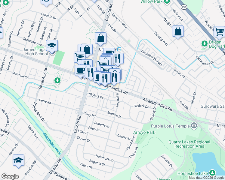 map of restaurants, bars, coffee shops, grocery stores, and more near 34717 Alvarado-Niles Road in Union City