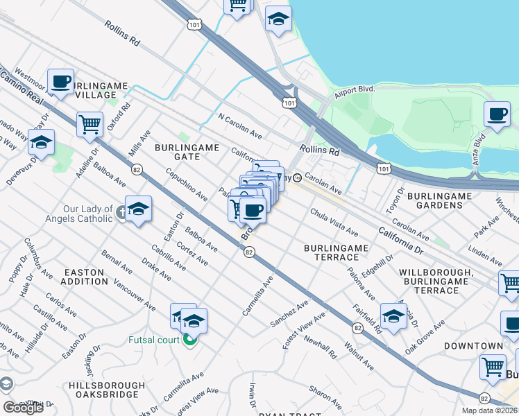 map of restaurants, bars, coffee shops, grocery stores, and more near 1222 Broadway in Burlingame
