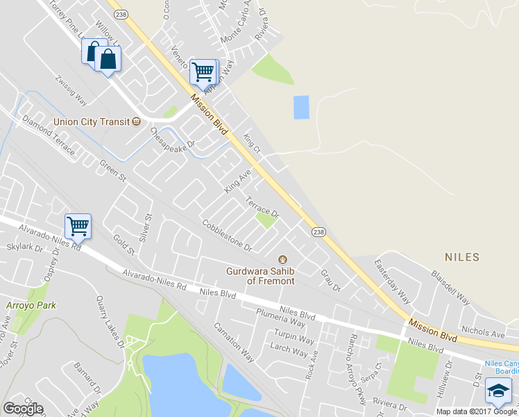 map of restaurants, bars, coffee shops, grocery stores, and more near 35601 Terrace Drive in Fremont