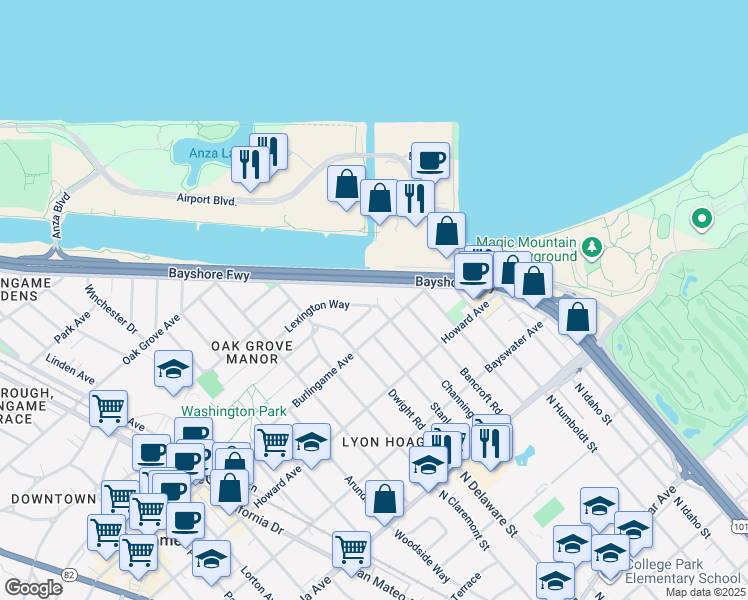 map of restaurants, bars, coffee shops, grocery stores, and more near 315 Concord Way in Burlingame