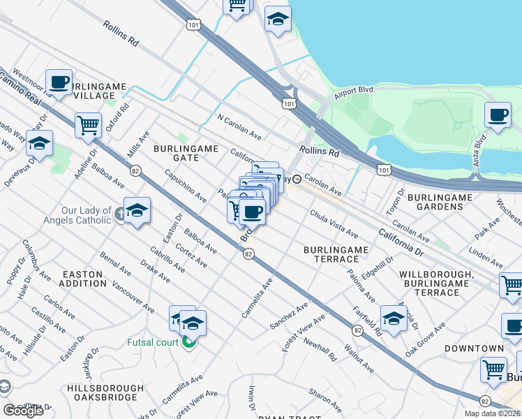 map of restaurants, bars, coffee shops, grocery stores, and more near 1222 Broadway in Burlingame
