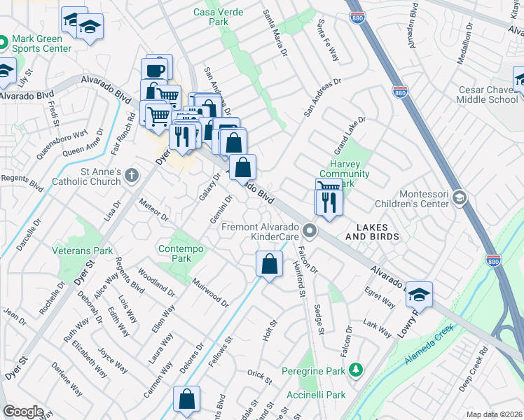 map of restaurants, bars, coffee shops, grocery stores, and more near 4109 Polaris Avenue in Union City
