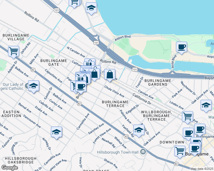 map of restaurants, bars, coffee shops, grocery stores, and more near 1015 Chula Vista Avenue in Burlingame