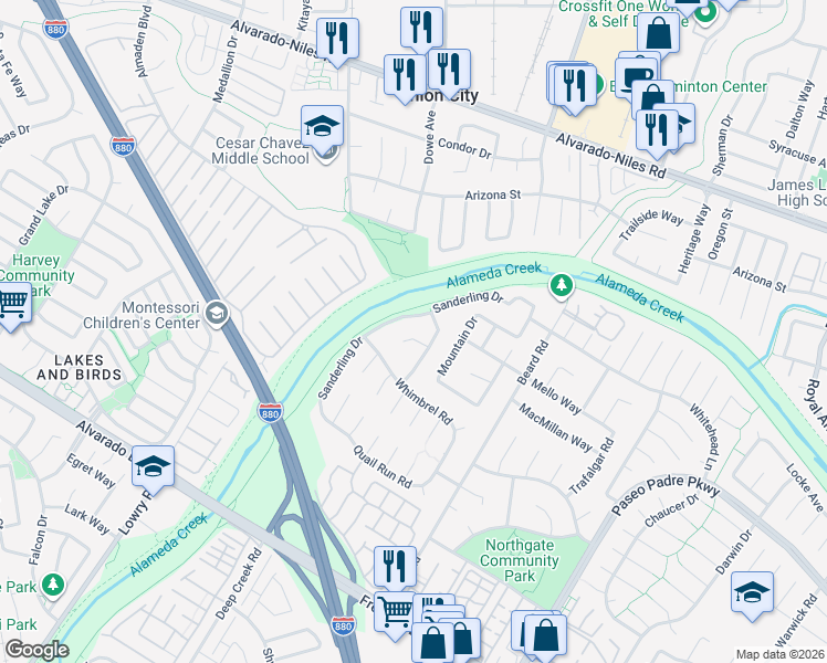 map of restaurants, bars, coffee shops, grocery stores, and more near 3203 Turnstone Lane in Fremont