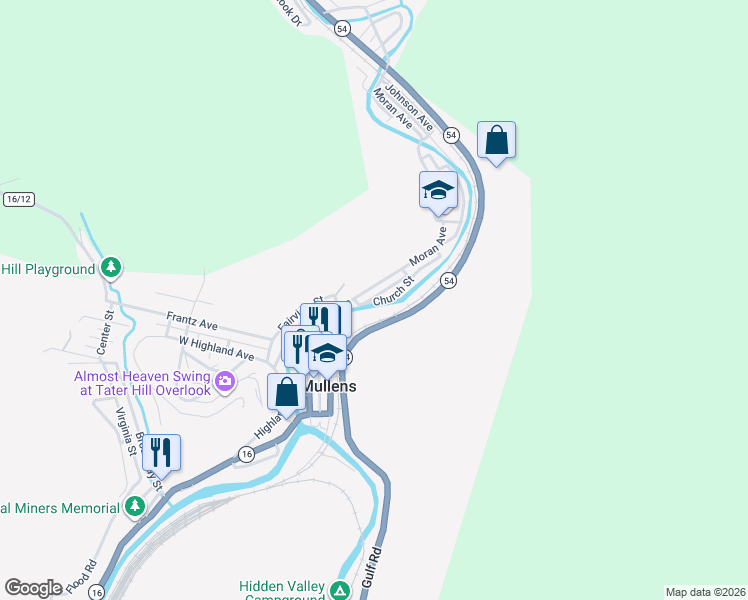 map of restaurants, bars, coffee shops, grocery stores, and more near State Highway 54 in Mullens