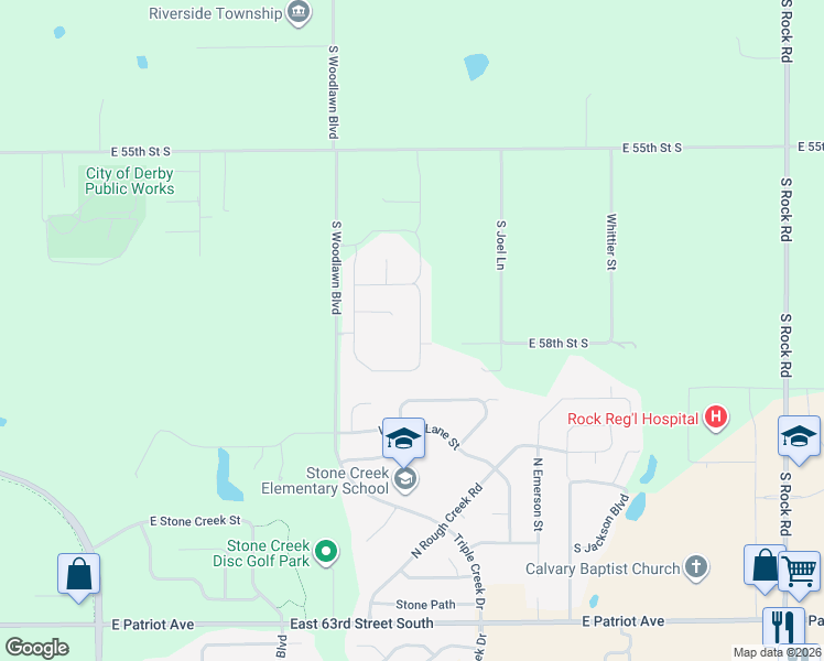 map of restaurants, bars, coffee shops, grocery stores, and more near 6811 E 58th Street South in Derby