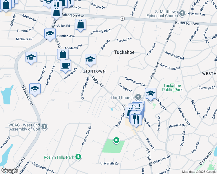 map of restaurants, bars, coffee shops, grocery stores, and more near 8244 Ridge Road in Richmond