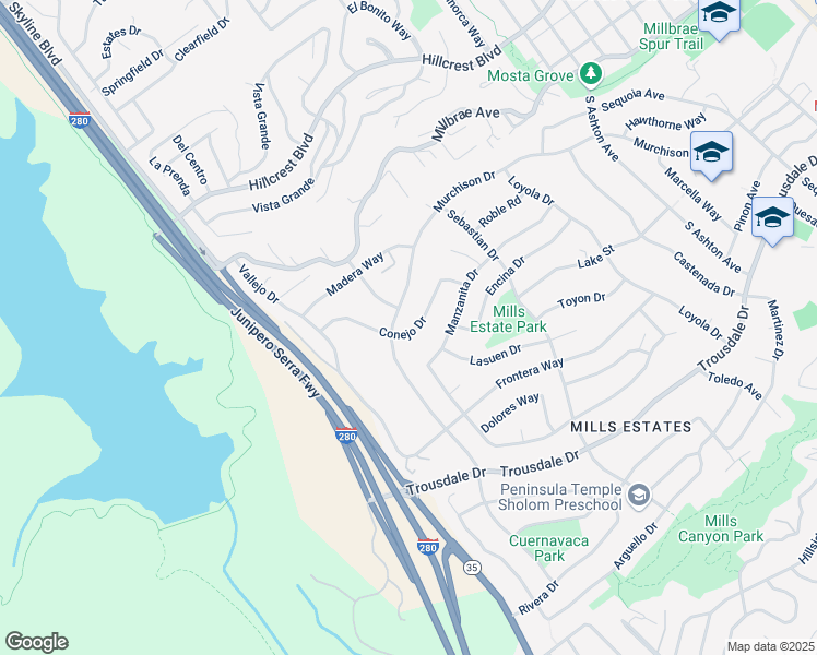 map of restaurants, bars, coffee shops, grocery stores, and more near 94 Conejo Drive in Millbrae