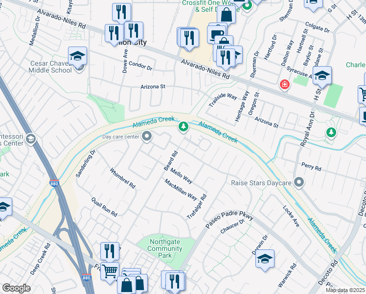 map of restaurants, bars, coffee shops, grocery stores, and more near 33795 Whitehead Lane in Fremont