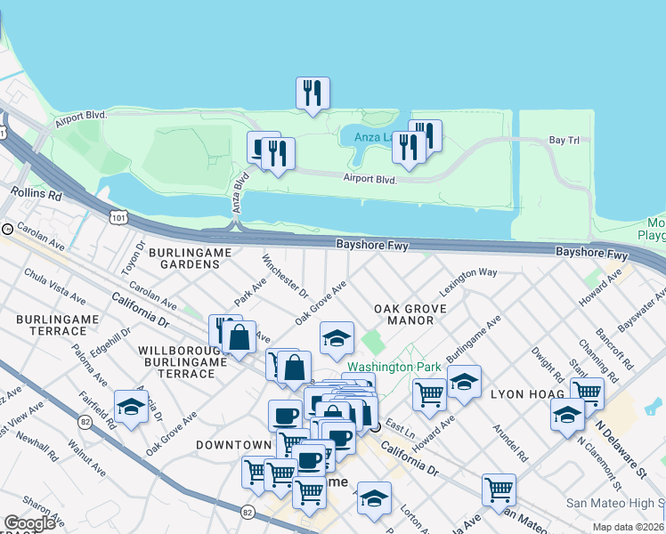 map of restaurants, bars, coffee shops, grocery stores, and more near 519 Francisco Drive in Burlingame