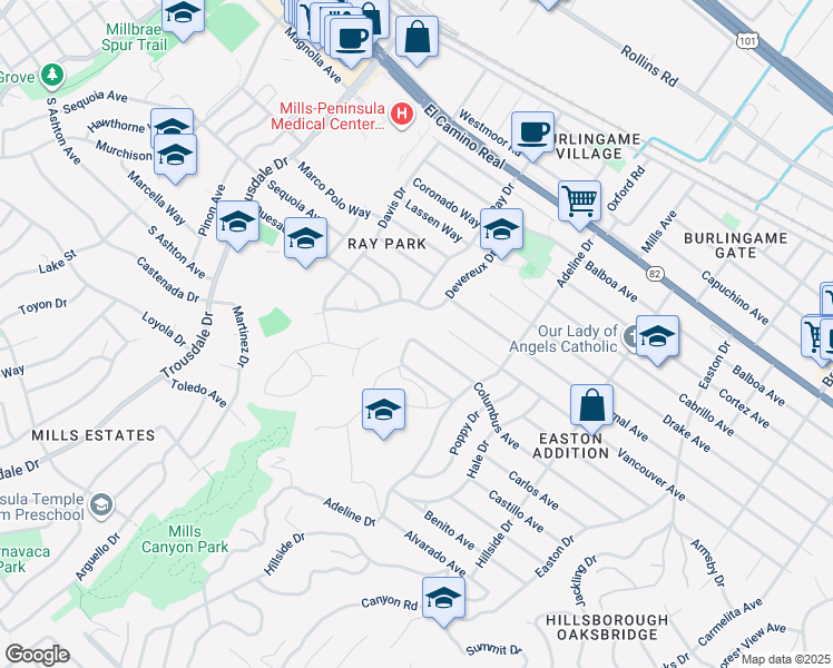 map of restaurants, bars, coffee shops, grocery stores, and more near 1568 Columbus Avenue in Burlingame
