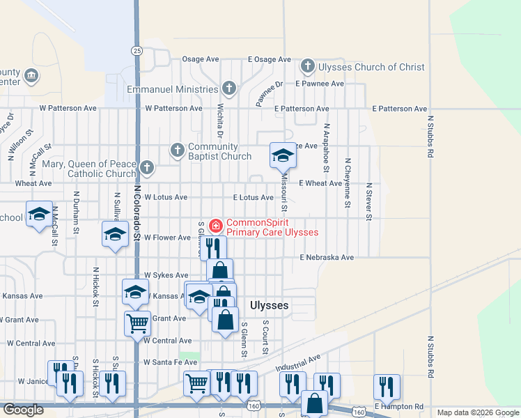 map of restaurants, bars, coffee shops, grocery stores, and more near 300-350 East San Jacinto Avenue in Ulysses