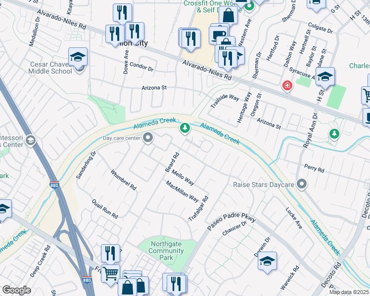 map of restaurants, bars, coffee shops, grocery stores, and more near 33795 Whitehead Lane in Fremont